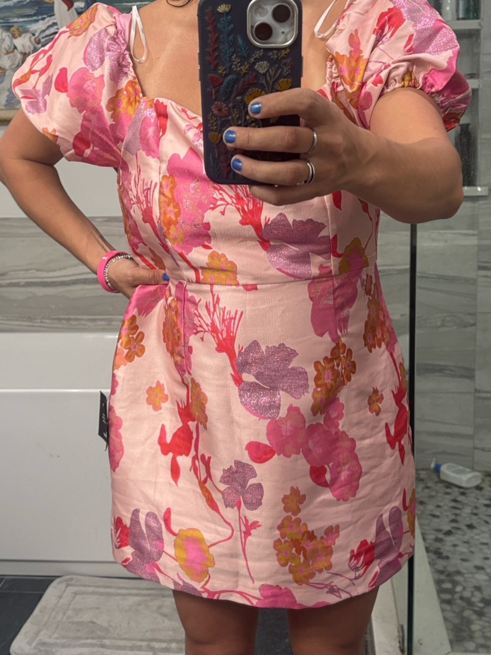 NWT Lulus So Stunning PINK Multi Floral Jacquard Puff Sleeve Mini Dress - Picture 11 of 11